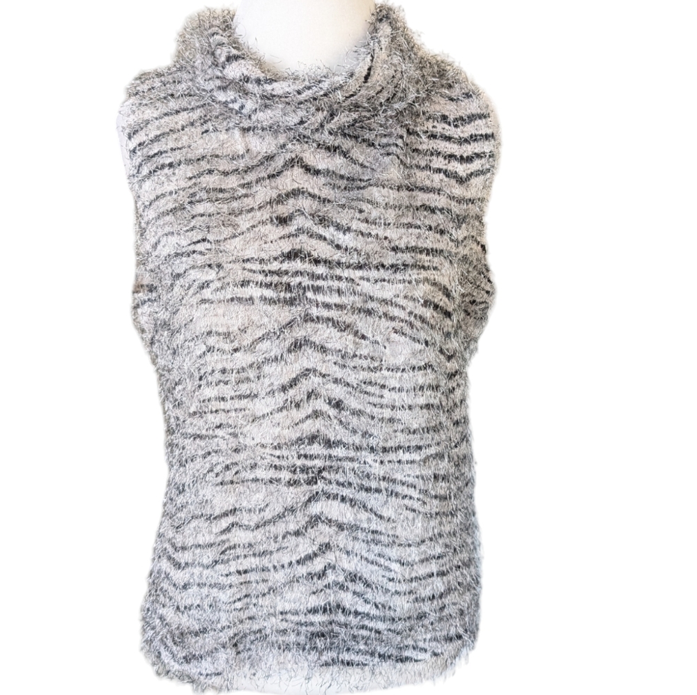 Vintage Y2K Fuzzy Tank Top Medium Zebra Sleeveless Turtleneck Furry Striped Cowl